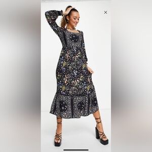 ASOS Never Fully Dressed Multicolor Paisley Long Sleeve Dress Size 8
